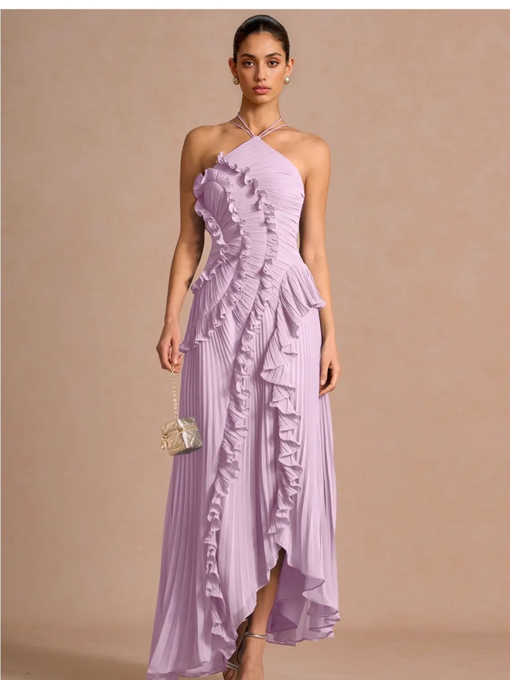 Azazie Lavender One-Shoulder Ruffle Pleated Gown